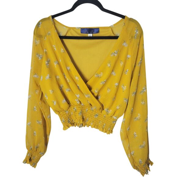 Blue Rain Womens Sz L Yellow Floral Long Sleeve Crop Top Blouse - Picture 2 of 11